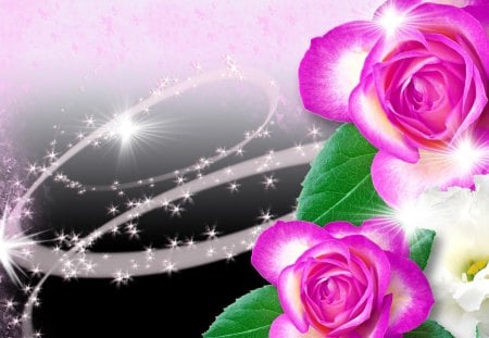 Everbright Roses - stars, roses, dramatic, summer, bright, glow, neon, glitter, pink, flowers, sparkles, natural, artistic