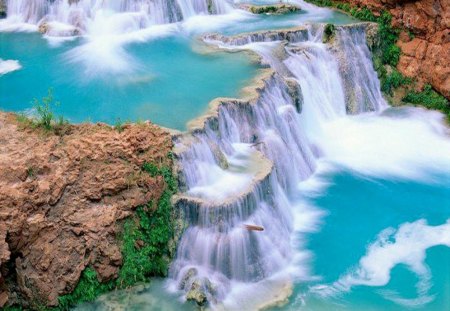 Crystal Clear Blue Waterfalls - water, blue, falls, clean, pool, green, clear, swim, rocks