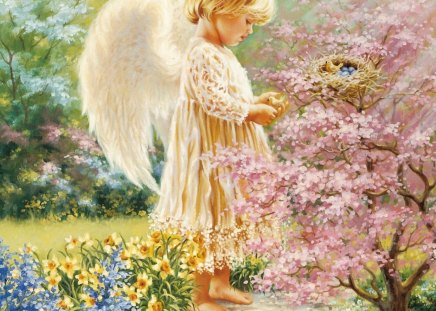 spring angel - flowers, cute, angel, bushes