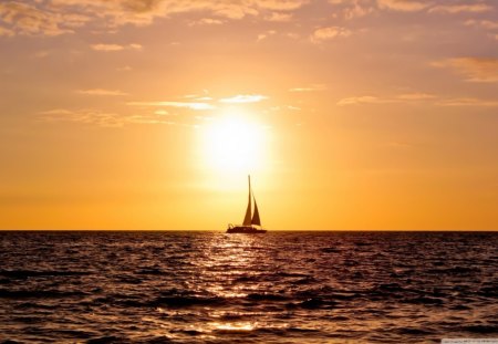 sunset at sea - water, sky, sunset, boat