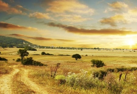 yellow sunset landscape - town, clouds, hills, yellow, fields, sunset