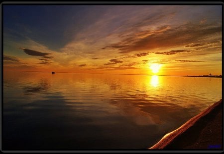 sleeping sea - sky, water, sunset, summer, purple, evening, yellow, clouds, colors, dusk, sea