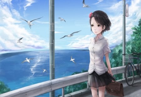 Birds and Girl - beauty, wall, new, anime, girl