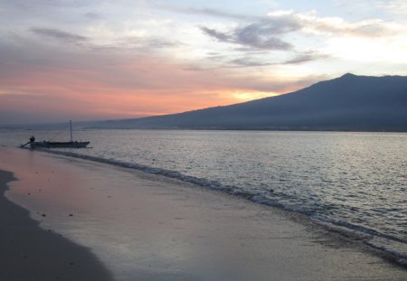 lone boat at twilight - beach, sunset, mountain, boat