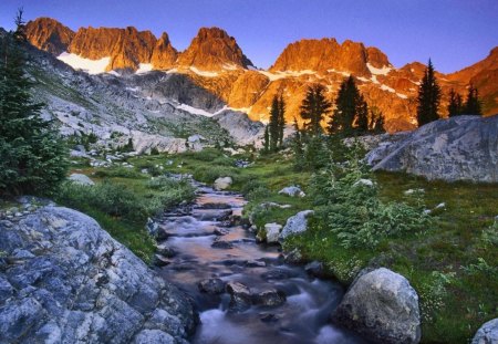 mountain stream - cascade, stream, mountains, rocks, sun