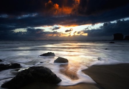 nice dark sunset - sunset, dark clouds, beach, rocks