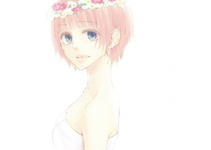 Just Be Friends - white dress, flower crown, megurine, pink hair, blue eyes, luka