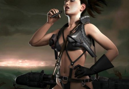 warrior in leather - black, gloves, weapons, helicopter