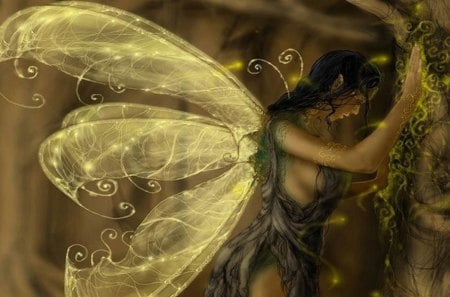 magical forest fairy - gold, vines, green, wings