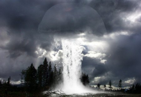 mushroom cloud - mushroom, sky, trees, clouds