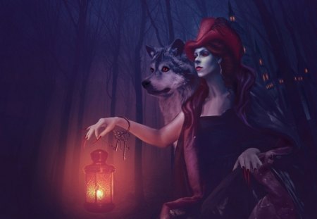 wicked witch - wolf, lantern, trees, red