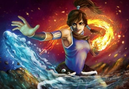 Korra - anime, female, water, brown hair, korra, liquid, avatar, avatar the legend of korra, fire, flames