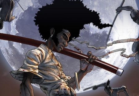 Afro Samurai - blood, moon, anime, afro, swords, headband, weapons, afro samurai