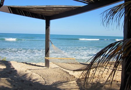 Summer relax - relax, water, summer, beach, hammock, sea, summer time, sand, sky