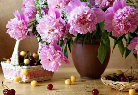 Still Life - pink petals, beautiful, peonies, pink peonies, photography, cherry, nature, pink, pink flowers, pretty, beauty, flowers, sweet, fruits, still life, romance, cherries, petals, lovely, basket, romantic, peony