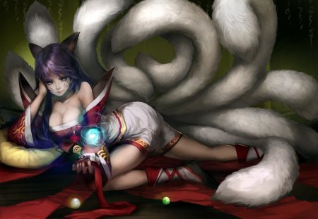 League Of Legends - cute girl, video game, beautiful, anime, anime girl, original, purple hair, long hair, tagme, fantasy, magic, fantasy girl, nine tails, animal ears, league of legends, woman