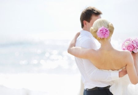 Beautiful Moments - pretty, female, romantic, beach, blonde, romance, light, pink, man, flowers, boy, pink flowers, bokeh, bride, beautiful, wedding, girl, sea, beauty, lovely, love, sweet, ocean, petals, bouquet, hair, hands, nature, hand, lady, woman, couple