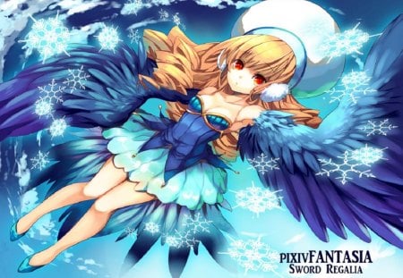 Sword Regalia - fantasy, blue, wings, girl, blonde, orginal, angel, pixiv