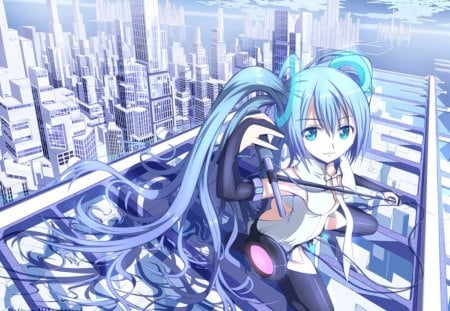 Miku on Top of a Building.... :) - vocaloid, miku, blue, girl, cute, hatsune, sky, building