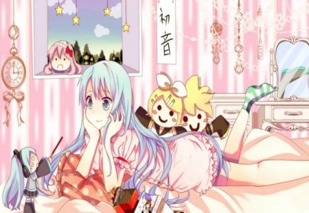 Miku Relaxing!!! :P - rin, girlvocaloid, miku, relaxing, cute, hatsune, len