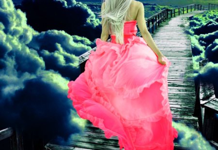 WALKING on the CLOUDS - clouds, girl, pinkmblonde, walk, bridge