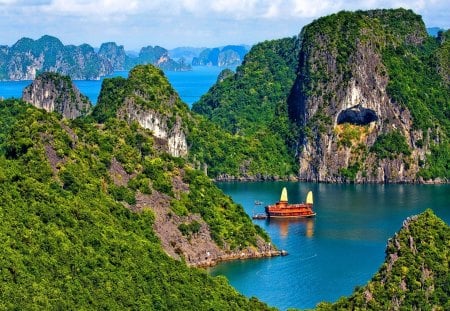 Beautiful island - sky, water, rocks, view, river, clouds, green, boat, asia, lake, mountain, summer, sailing, east, nature, red, blue, thailand, island, sailboat