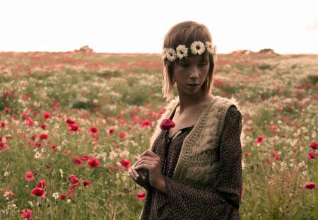 Flowergirl - meadow, poppies, landscape, flowers, girl