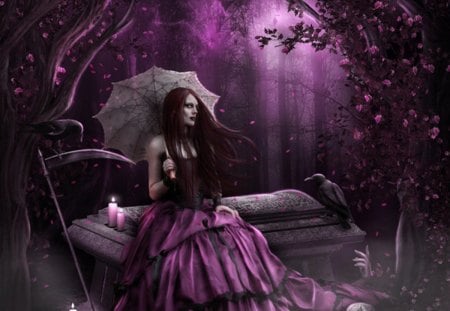 Pink dead - skull, beauty, candle, girl, magic, vamp, lovely, vampire, fantasy, raven, cemetary, dead, forest, beautiful