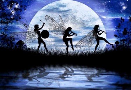 Dancing Elfs - moon, sky, artwork, water, fairies, night