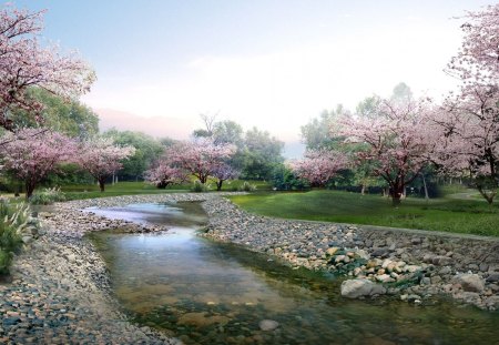 Beautiful Landscape - trees, river, water, park, stones, grass