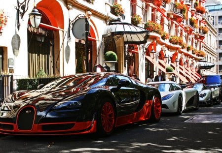 row of supercars in front of hotel - bugatti, hotel, street, supercars