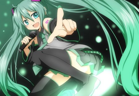 Hatsune Miku - aqua, stage, headset, music, thighhighs, anime girl, stockings, white, amazing, art, cool, aqua eyes, artistic, hatsune miku, skirt, leggings, light, song, teal, kneeling, stunning, vocaloids, program, glow, vocaloid, beautiful, uniform, diva, beauty, nice, twintail, singer, aqua hair, black, virtual, pretty, idol, anime, miku, cute, twin tail, girl, sparkle, cg, hatsune, microphone, blue, headphones, singing, tie, awesome, digital, outfit