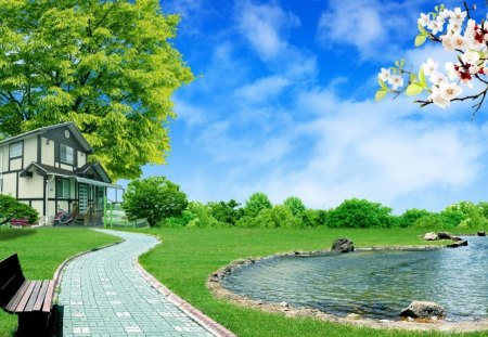 fantasy dreaming - water, flowers, house, trees