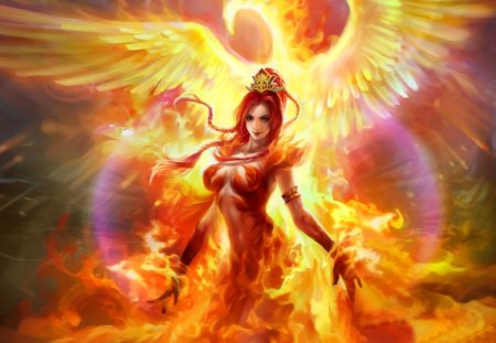 Phoenix - bird, female, phoenix, fire, girl