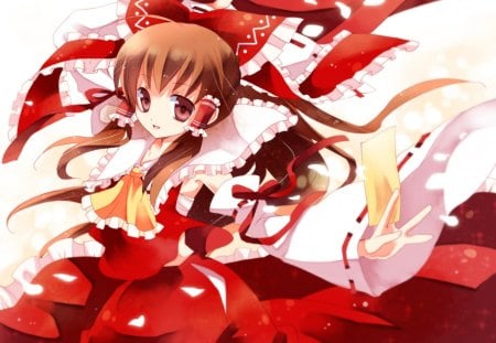 Hakurei Reimu - petal, touhou, girl, bow, female, ribbon, kimono, hakurei reimu