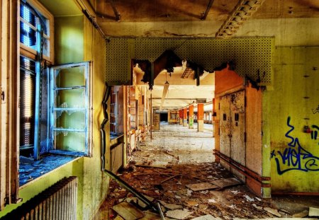 decayed hallway in an abandoned post office hdr - building, hdr, hallway, abandoned