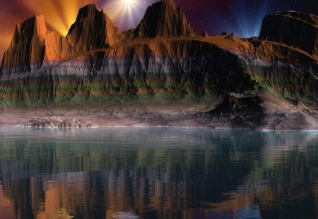 fantasy canyon landscape - sky, lake, cliffs, canyon