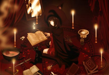 Spell session - a nice witch, black cat, candles, anime, manga