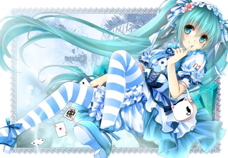 Hatsune Miku - aqua, hot, thigh highs, poker, music, thighhighs, anime girl, poker face, stockings, white, amazing, art, cool, aqua eyes, artistic, hatsune miku, ecchi, sexy, leggings, blue eyes, stripped leggings, song, bag, stunning, stripped, vocaloids, program, vocaloid, beautiful, cards, diva, dress, beauty, nice, twintail, singer, aqua hair, black, virtual, pretty, idol, anime, miku, cute, twin tail, neko bag, neko, cat, girl, cg, hatsune, blue hair, blue, pose, awesome, flowers, digital, outfit