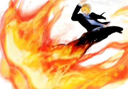 Sanji - white background, sanji, plain background, one piece, flames, suit, anime, fire