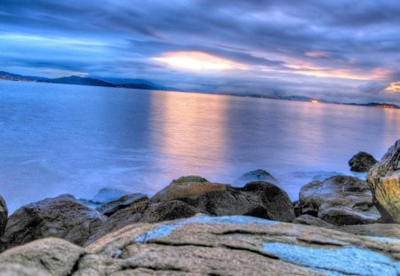 Magic colors - rocks, water, ocean, blue, sky, magic, clouds, sunset, nature, colors