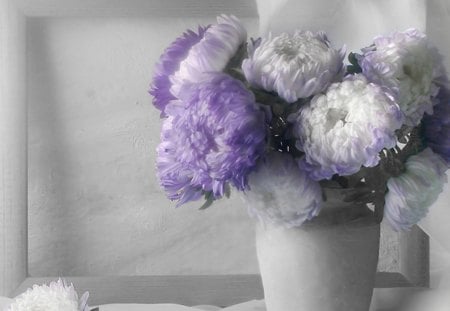 Soft flowers - flowers, vase, white, purple, petals, bouquet