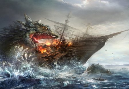 Dragon Attacking A Ship - basilisk, hydra, tarragon, attack, water, vessel, ship, boat, sea, ocean, sail, wyvern, monster, dragon, sail boat, attacking