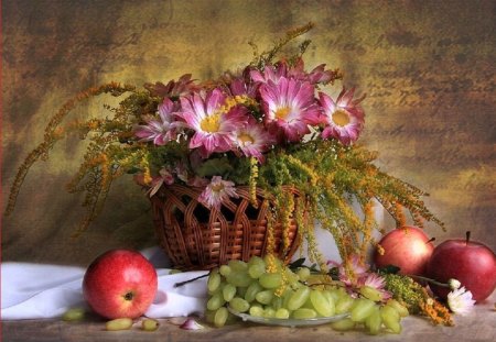 flowers in a basket - flowers, basket, still life, texture