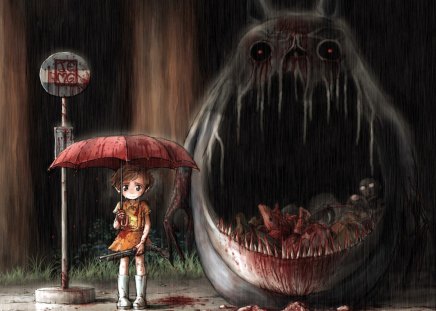 totoro is hungry tonight - gun, dark, girl, monster, blood, totoro