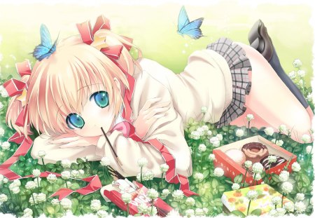 Komari Kamikita - komari kamikita, anime, anime girl, yellow, blue, butterflies, food, grass, pink, flowers, green, little busters