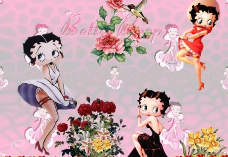 3 betty boop - black dress, flowers, red dress, blue dress