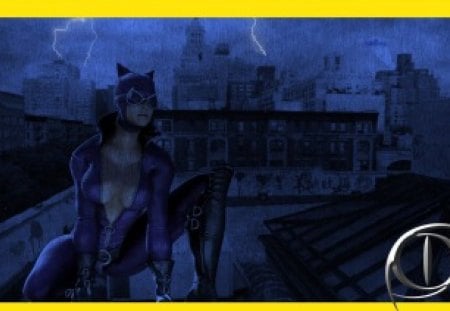 catwoman - roof, lightning, buildings, sky