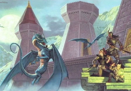 dragon fight at castlestagWS - bird, stairs, dragons, castle