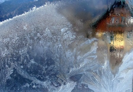 FROSTY VIEW - ice, winter, windows, snow, frost, houses, ice crystals